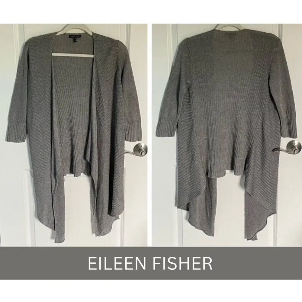 Eileen Fisher Gray Linen Silk Rib Knit Waterfall Cardigan Sweater - 29826
